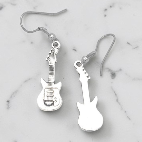 Silver Guitar Dangle Earrings | Music Lover Jewelry - Picture 2 of 6